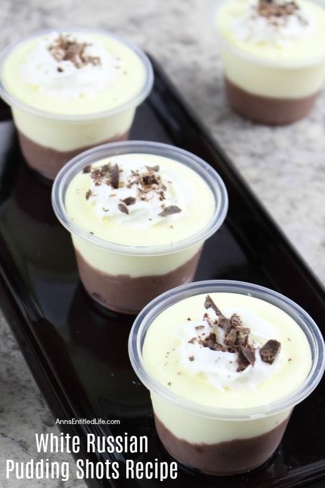 White Russian Pudding Shots, Pudding Shot Recipes, Jello Pudding Shots, Alcoholic Desserts, Dessert Shots, Pudding Shots, Jello Shot Recipes, Boozy Desserts, White Russian