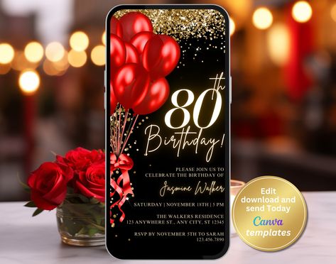 Digital Women's 80th Birthday Party Invite - Red and Gold Design - Editable for Any Age - Birthday Party Invite, Instant Download Red 80th Birthday Party, 50th Birthday Party Invitations, Gold Color Scheme, 80th Birthday Party, Birthday Party Invite, Party Details, 50th Birthday Party, 80th Birthday, Party Invite