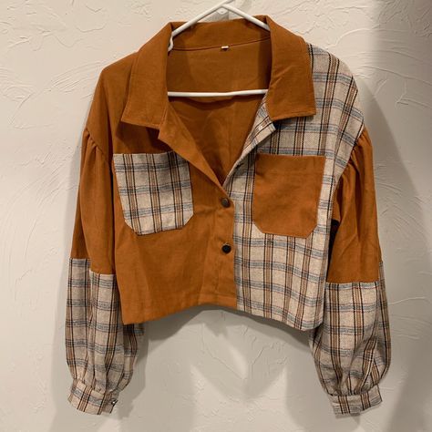 Brown Outfit Aesthetic, Crop Zip Up Hoodie, Cropped Quarter Zip, Brown Flannel, Shein Jackets, Corduroy Coat, Plaid Shacket, Stylish Hoodies, Color Block Jacket