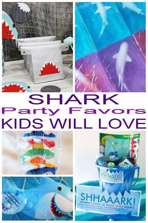 6 Shark party favor ideas for kids. Fun and easy Shark birthday party favor ideas for children. Shark Birthday Party Favors, Party Favor Ideas For Kids, Shark Birthday Party Ideas, Birthday Party Favor Ideas, Jaws Party, Ocean Party Favors, Shark Snacks, Payday Candy, Shark Party Favors