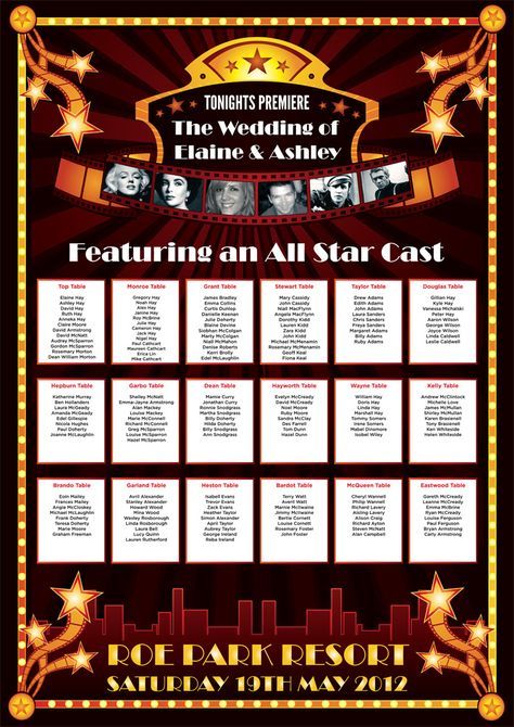 cinema movies theme wedding table plan Cinema Themed Wedding, Wedding Table Plans, Wedding Table Themes, Festival Themed Wedding, Seating Plans, Table Markers, Prom 2022, Theatre Wedding, Cinema Wedding