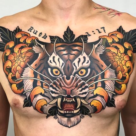 Neo Traditional Chest Tattoo, Tiger Tattoo Thigh, Best Chest Tattoos, Traditional Chest Tattoo, Traditional Tiger Tattoo, Tattoo Espalda, Neo Tattoo, Becoming A Tattoo Artist, Torso Tattoos