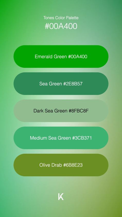 Tones Color Palette Emerald Green #00A400 · Sea Green #2E8B57 · Dark Sea Green #8FBC8F · Medium Sea Green #3CB371 · Olive Drab #6B8E23 Color Palette Emerald Green, Dark Sea Green, Hex Color Palette, Dark Sea, Green A, Hex Colors, Spring Green, Sea Green, Moss Green