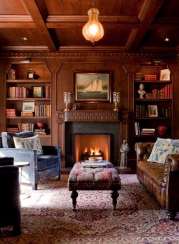 Zigarren Lounges, Paneled Library, Leather Chesterfield Sofa, Interior Minimalista, Home Library Design, Home Libraries, Traditional Living, Traditional Living Room, Home Library