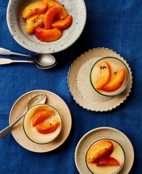 Ravneet Gill’s white chocolate pots with roast nectarines – recipe | Dessert | The Guardian Roasted Nectarines, Ravneet Gill, Nectarine Recipes, Fried Halloumi, Dessert Summer, Fresh Dishes, Roasted Chicken Thighs, Recipe Dessert, Summer Cooking