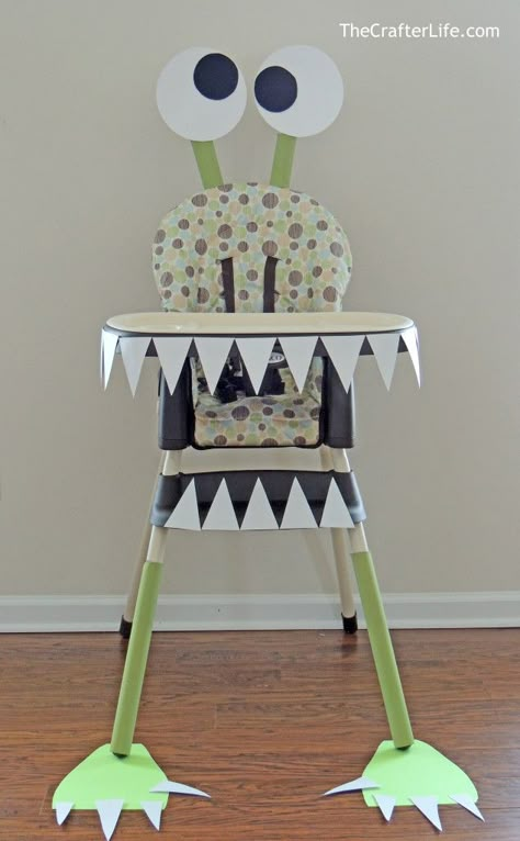 monsterhighchair.final_-634x1024                                                                                                                                                     More High Chair Decorations, Monster Party Ideas, Monster First Birthday, First Birthday High Chair, Little Monster Birthday, Monster 1st Birthdays, Birthday High Chair, Monster Birthday Party, Anniversaire Diy