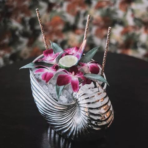 This completely vegan cocktail takes Tiki to a dramatic level. July Cocktails, Vegan Cocktails, Tiki Drink, Winter Cocktails Recipes, Custom Glassware, Recipe For Teens, Gin Liqueur, Cocktail Appetizers, Diy Cocktails