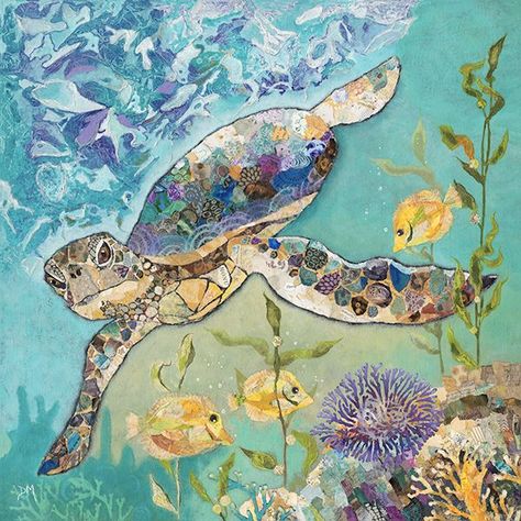 Sea Turtle Images, Sea Turtle Artwork, Turtle Images, Sea Turtle Wall Art, Turtle Wall Art, Sea Turtle Art, Sea Life Art, Collage Art Projects, Paper Collage Art