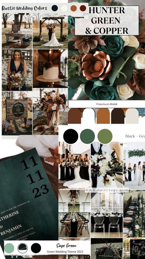 Green And Amber Wedding, Hunter Green Wedding Theme, Hunter Green Color Palette, Hunter Green Wedding, Dark Green Wedding, Rustic Wedding Colors, Colorful Wedding Flowers, Green Themed Wedding, Jewel Tone Wedding