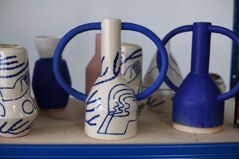 Jug Ceramic, Simple Lamp, Grand Vase, Blue Face, Emily Henderson, Ceramic Jug, Clay Vase, Ceramics Pottery Art, Ceramic Houses