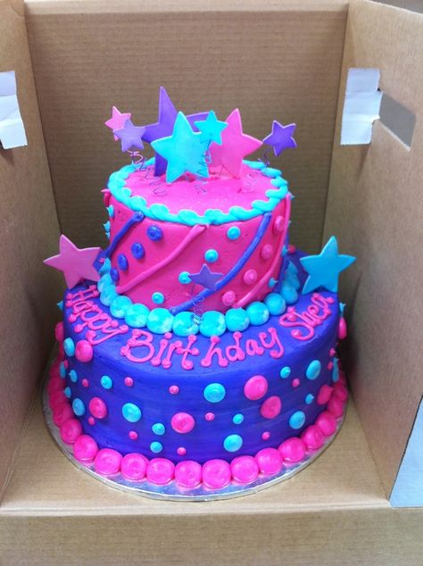 2 Tier Stacked, 6" and 10" Layers, All Buttercream except the Stars which are Gumpaste on Wire. This was for an 8 year old that didn't want a "baby" cake this year and wanted something a little more grown up! The colors are a little different than in the photo, which makes them look really neon... Thanks for looking! Birthday Cake For Teens, Teen Cakes, Cake Girl, Birthday Cakes For Teens, Tier Cake, Childrens Birthday Cakes, Happiness Quotes, Girl Cake, Birthday Cake Kids