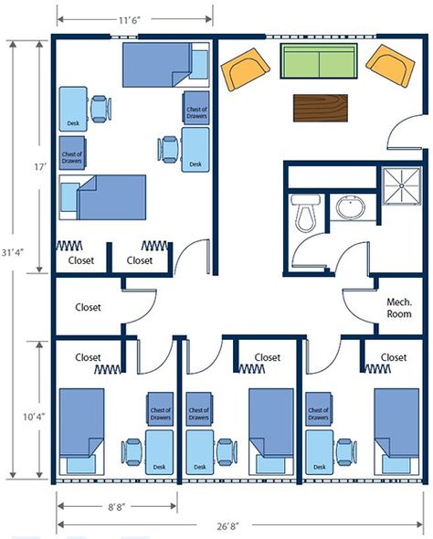 Lincoln Quad | Indiana State University College Dorm Floor Plan, Dormitory Layout, Dorm Layout Floor Plans Double, Dormitory Layout Floor Plans, Student Dormitory Floor Plan, Indiana University Dorm, Student Apartment, University Dorms, Closet Room