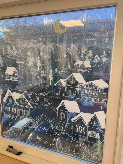 Snowy Window Drawing, Posca Pen Window Art, Christmas Window Illustration, Christmas Village Window Painting, Window Winter Painting, Winter Window Drawing, Chalk Window Art, Winter Window Art, Winter Window Painting