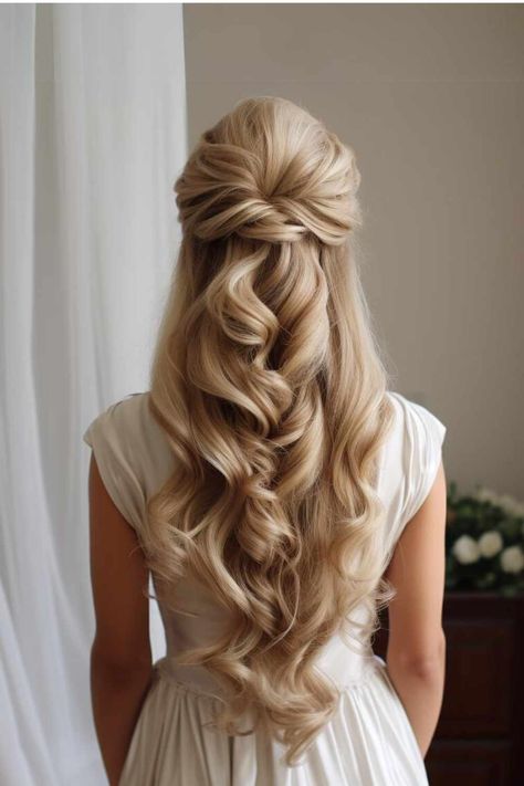 Elegant Long Wedding Hair, Bride Hairstyle Half Up, Wedding Hairstyles For Really Long Hair, Wedding Hairstyles For Blonde Hair, Ballgown Wedding Dress Hairstyles, Blonde Long Wedding Hair, Hair Down Wedding Dress, Half Up Hollywood Waves Wedding, Wedding Long Hairstyles Down