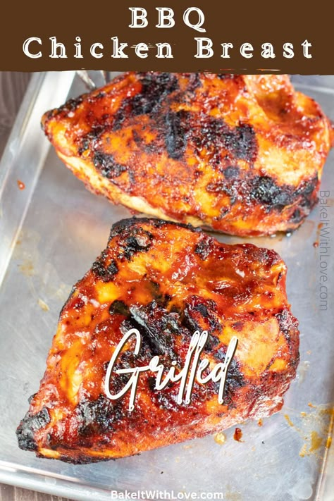 These grilled BBQ chicken breasts are juicy and succulent with a flavorful dry rub seasoning and a sticky coating of caramelized BBQ sauce! You can use bone-in, skin-on chicken breasts or boneless, skinless, depending on your preference. It's an irresistible summer BBQ chicken recipe you'll want to make year after year! BakeItWithLove.com Bbq Chicken Bone In, Chicken On Bbq Recipes, Bone In Grilled Chicken Recipes, Grilled Split Chicken Recipes Bone In, Grilled Boneless Skinless Chicken Breast, Bbq Chicken Breast Grill, Grilled Bone In Chicken Breast, Bone In Skin On Chicken Breast Recipes, Chicken Breast With Bone Recipes