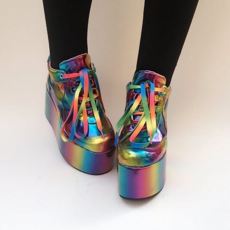 Camo Rainbow High Platform Lolita Shoes Cheap Kawaii Clothes, Strappy Boots, Rainbow Chrome, Y2k Fashion Aesthetic, Y2k Aesthetic Fashion, Kawaii Shoes, Ankle Heels, Shoe Size Conversion, Fashion High Heels