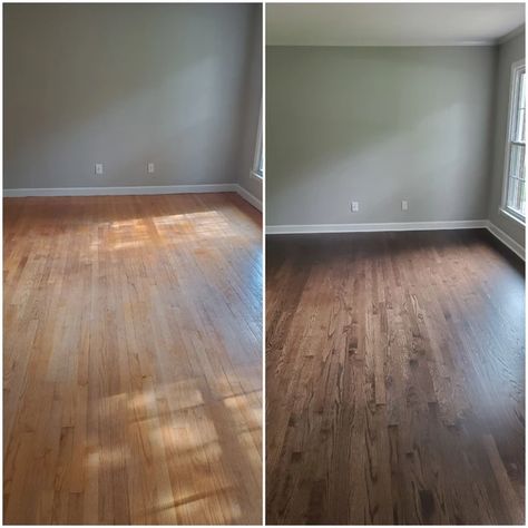 Hardwood floor refinishing (red oak with Bona Jacobean) - Imgur Jacobean On Red Oak, Bona Birch Stain On Red Oak, Duraseal Jacobean On Red Oak, Bona Nordicseal On Red Oak, Bona Nordic Seal On Red Oak, Oak Hardwood Floors Colors, Oak Floor Living Room, Oak Floor Stains, Hardwood Floor Refinishing