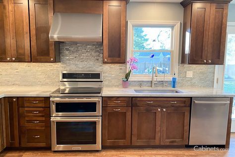 Pecan Stained Kitchen Cabinets, Pecan Cabinets Kitchens, Stained Shaker Cabinets Kitchen, Pecan Kitchen Cabinets, Maple Cabinets Kitchen, Pecan Cabinets, Kitchen Shaker Cabinets, Shaker Cabinets Kitchen, Transitional Style Kitchen