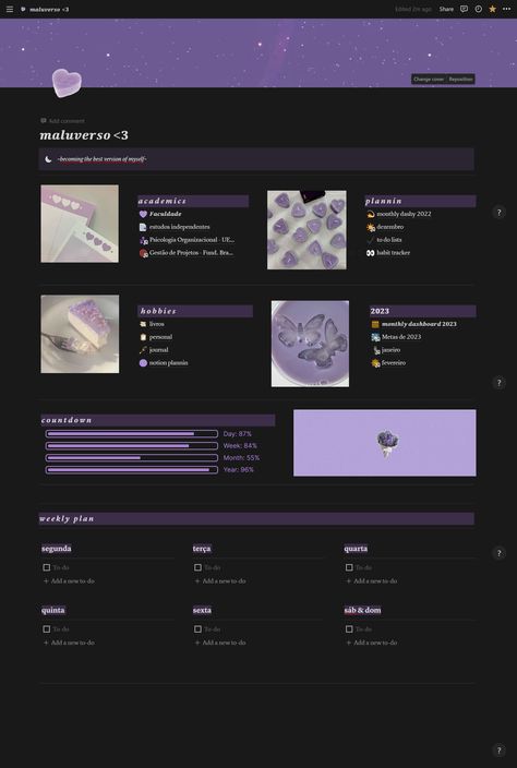 #Purple_Notion #Dark_Purple_Color_Scheme #Notion_Homepage #Homepage_Inspiration Homepage Inspiration, Gamify Your Life, Mildliner Highlighters, Notion Aesthetic, Homepage Template, Wake Ideas, Monthly Planner Template, Templates Free Design, Small Business Planner