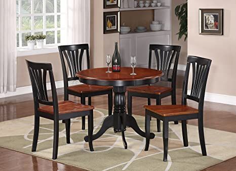 East-West Furniture Dining Set- 4 Excellent Wood Chairs - A Beautiful Dinner Table- Wooden Seat - Cherry And Black Dining Table Black Dining Table Wood, Wood And Black Dining Table, White Round Kitchen Table, Round Kitchen Table Set, Kitchen Dinette Sets, Black Kitchen Table, Black Dining Table, Small Table And Chairs, Wooden Kitchen Table