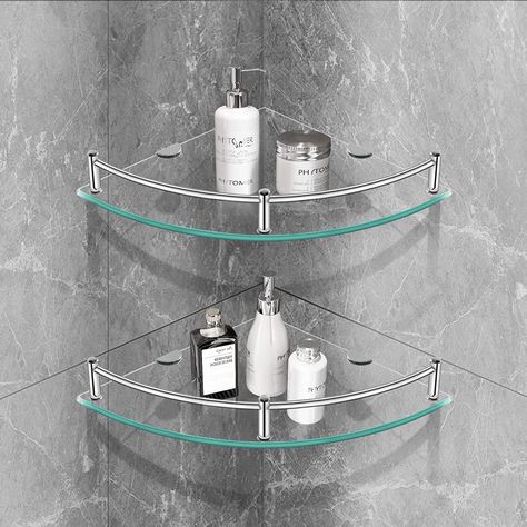 Amazon.com: Glass Corner Shelf Glass Shelves for Bathroom Shower Corner Shelf with Rail Wall Mounted Drill Hole for Inside Shower 2 Pack : Tools & Home Improvement Corner Shelves Design, Shower Corner Shelves, Shelf With Rail, Glass Shower Shelves, Glass Corner Shower, Corner Shower Shelf, Glass Corner Shelves, Corner Shelf Design, Shower Corner Shelf