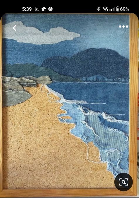 Seascape Quilts, فن النسيج, Collage Landscape, Beach Quilt, Landscape Art Quilts, Landscape Quilt, Textile Art Embroidery, Creation Art, Blue Jeans Crafts