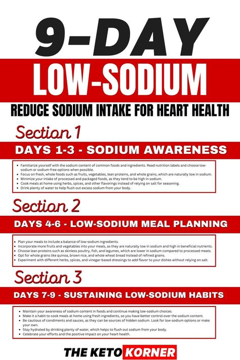 Take control of your heart health with our 9-Day Low-Sodium Plan designed to help you reduce your sodium intake. High sodium levels can contribute to increased blood pressure and other cardiovascular risks. With our carefully crafted meal plan, you'll discover delicious and nutritious low-sodium options that will nourish your body and support your heart. #LowSodiumDiet #HeartHealth #HealthyEating #NutritionPlan #ReduceSodiumIntake #HealthyHeart #WellnessJourney #HeartHealthyRecipes Sodium Intake, Low Sodium Diet, Diet For Beginners, Nourish Your Body, Nutrition Labels, Packaged Food, Heart Healthy Recipes, Lean Protein, Nutrition Plans