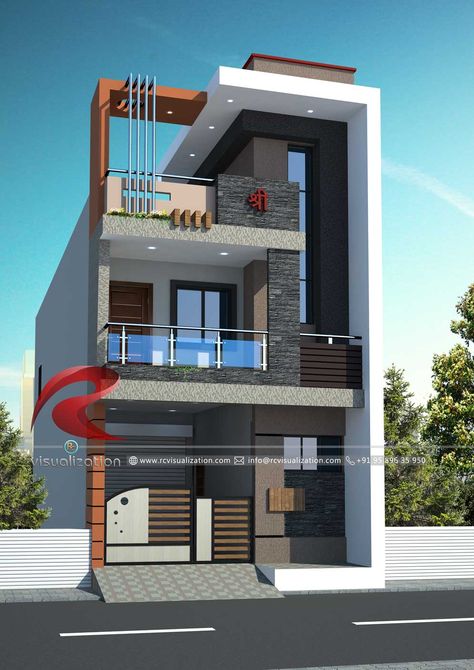 3D Narrow House Designs Gallery | RC Visualization Structural Plan and Elevation Designing Company Narrow House Designs, 2 Storey House Design, House Outer Design, Small House Elevation, Small House Front Design, House Balcony Design, Two Story House, Small House Design Exterior, Small House Elevation Design