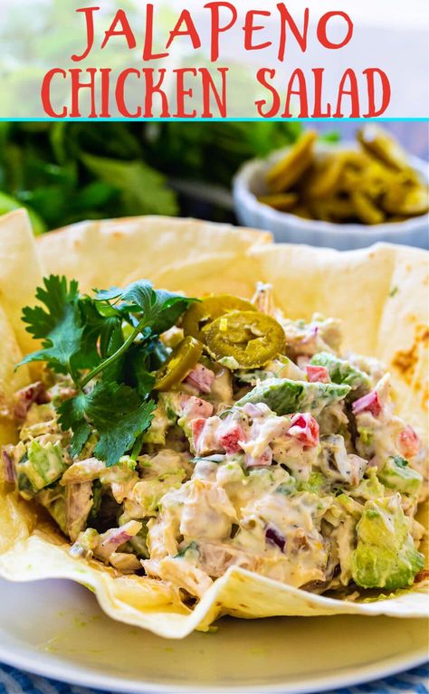 Jalapeno Chicken Salad- a creamy southwestern-style chicken salad with avocado. Spicy Chicken Salad Recipe, What Is Healthy Food, Chicken Salad Chick Recipe, Chicken Salad With Avocado, Chicken Salad Chick, Mexican Chicken Salads, Spicy Southern Kitchen, Pickled Jalapenos, Chicken Salad Sandwich Recipe