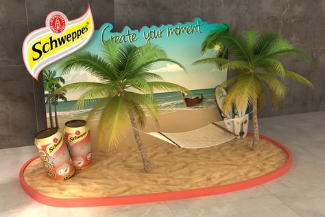 Schweppes gold peach summer lounge by Ahmed Ismail, via Behance Summer Activation Ideas, Summer Event Design, Stand Feria, Event Entrance, Craft Market Display, Corporate Event Design, Selfie Wall, Booth Decor, Summer Lounge