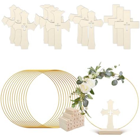 Hoop Centerpiece, Baptism Centerpieces, Baptism Decorations, Wedding Home Decor, Baptism Party, Floral Hoops, Wood Crosses, Wooden Cross, Floral Decoration