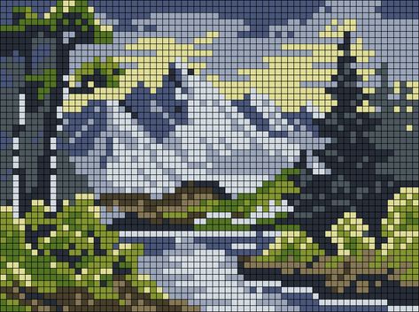 Alpha pattern #170595 | BraceletBook Mountains Alpha Pattern, Volcano Pixel Art, Crochet Landscape Patterns, Perler Bead Landscape, Landscape Alpha Pattern, Cross Stitch Landscape Patterns, Art Alpha Pattern, Pixel Art Nature, Pixel Mountain