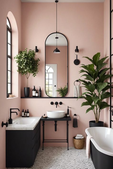 Bathroom Black Interior, Pink Ground Farrow And Ball Bathroom, Pink Brown Bathroom Ideas, Pink Bathroom Black Fixtures, Pink Black Wood Kitchen, Pink And Olive Green Bathroom, Home Interior Design Pink, Bathroom Pink And Black, Black Pink And White Bathroom