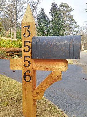 6X6 custom post, 6-inch oil-rubbed bronze numbers and an oversized mailbox 6x6 Mailbox Post, Cedar Mailbox, Cedar Mailbox Post, Farmhouse Mailboxes, Mailbox Installation, Rustic Mailboxes, Mailbox Makeover, Large Mailbox, Mailbox Landscaping