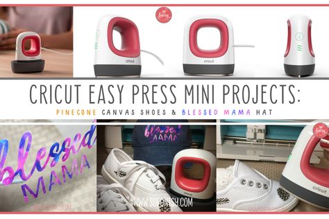 What's cute, hot & handy? You guessed it right: the Cricut Easy Press Mini! Join us & create 2 Cricut Easy Press Mini Projects: Pinecone Shoes and Blessed Mama Hat.  We love the Cricut Easy Press Mini and we bet you will too! ----> What is the Easy Press Mini used for? The small size of the Easy Press Mini allows you to quickly press small projects such as hats, stuffed animals, shoes, sleeves, pockets, mugs, & easily get around buttons & zippers. ----> What size designs can I press with the Ea Mini Heat Press Projects, Cricut Easy Press Mini Projects, Cricut Easy Press Mini, Easy Press Mini, Heat Press Projects, Cricut 3, Free Cricut Svg, Cricut Iron On Vinyl, Acrylic Crafts