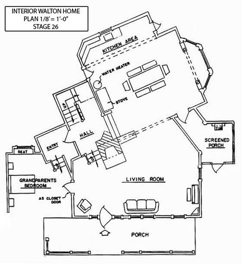 Floorplan of the Walton home... The Waltons House, The Waltons Tv Show, Walton House, The Waltons, Hall And Living Room, Porch Entry, Entry Hall, House Floor, Farmhouse Plans