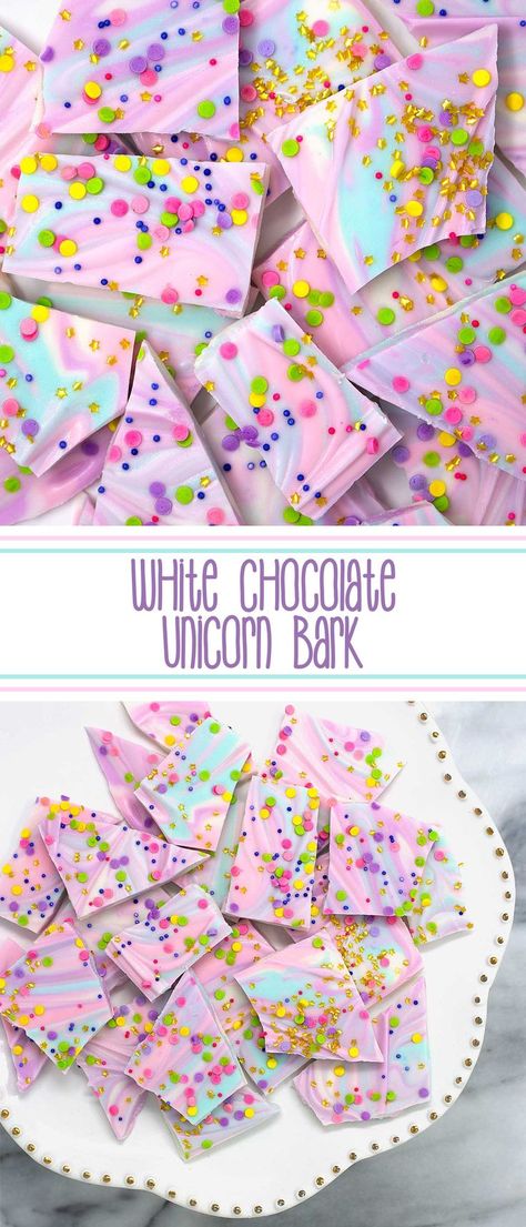 White Chocolate Unicorn Bark - colorful, melted white chocolate swirled together and topped with copious amounts of sprinkles make this unicorn inspired white chocolate magnificent fun and magically delicious. #whitechocolateunicornbark #unicornbark #unicornwhitechocolate #unicornchocolate #sprinkles #unicornbarkrecipe via @SarahsBakeStudio Unicorn Bark Recipe, Marshmallow Unicorn, Unicorn Recipes, Unicorn Chocolate, Unicorn Bark, Bark Candy, Bark Recipes, Melted White Chocolate, White Chocolate Bark