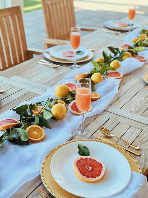 Summer Bbq Decor, Summer Bbq Decorations, Chiffon Runner, Themed Tablescapes, Bbq Decor, Grapefruit Mimosa, White Tablescape, Brunch Tablescape, Ladies Brunch