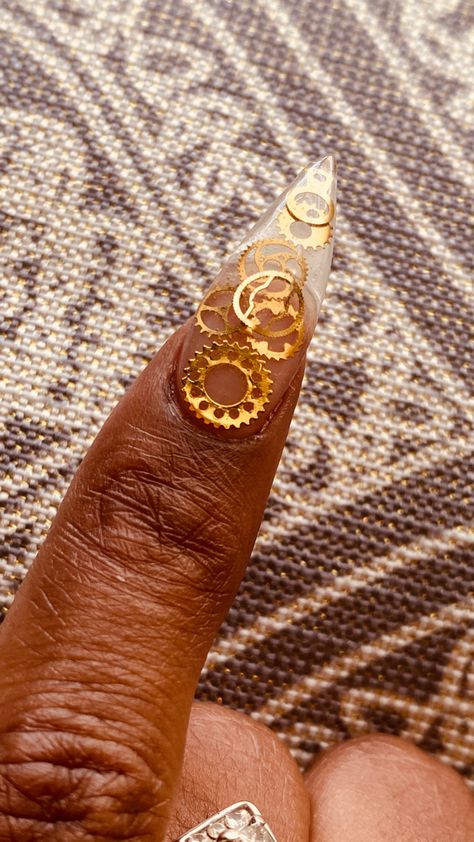 Clear Tips with Gold Gears - XClusive Nails - Atlanta Ga Clock Nails Design, Movie Nails, Snake Skin Nails, Clear Nail Designs, Gel Polish Designs, Clock Gears, Gold Nail Designs, Clock Parts, Animal Print Nails