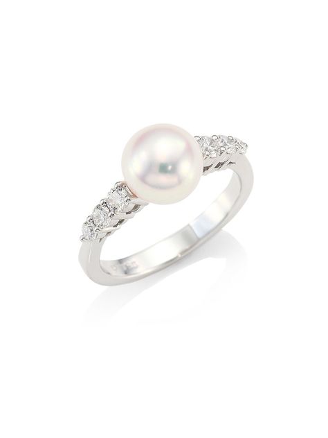 A smooth round pearl is showcased on an 18K white gold band with diamond accents. 8mm Akoya cultured pearl Diamond, 0.31 tcw 18K white gold Imported. Fine Jewelry - Pearl Jewelry > Mikimoto > Saks Fifth Avenue > Barneys. Mikimoto. Size: 6.5. | Mikimoto Morning Dew 18K White Gold, 8MM Cultured Akoya Pearl & Diamond Ring Mikimoto Jewelry, Pearl Diamond Ring, Favorite Engagement Rings, Mikimoto Pearls, Pearl And Diamond Ring, Morning Dew, Jewelry Rings Diamond, Akoya Pearls, White Gold Band