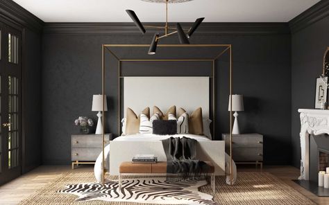 Dark And Moody Bedroom, Canopy Bedroom, Moody Bedroom, Glam Bedroom, Bedroom Trends, Modern Luxury Bedroom, Transitional Bedroom, Black Bedroom, Bedroom Black