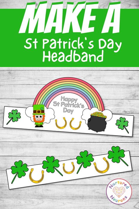 Here's an another awesome St Patrick's Day activity your kids will love! This St Patrick's Day headband craft is super simple to make. There's color and black and white hat templates so your little ones can decorate their headbands as well! You can grab them over at Nurtured Neurons! #stpatricksdaycrafts #stpatricksday #preschoolcrafts #kindergartencrafts #papercrafts #headbands #stpatricksdayactivities #leprechauns #leprechauncrafts #diyforkids St Patricks Day Headband Craft, Crown Templates, St Patricks Day Hat, St Patricks Day Crafts For Kids, St Patrick Day Activities, Headband Crafts, Rainbow Hats, Crown For Kids, Diy Crown