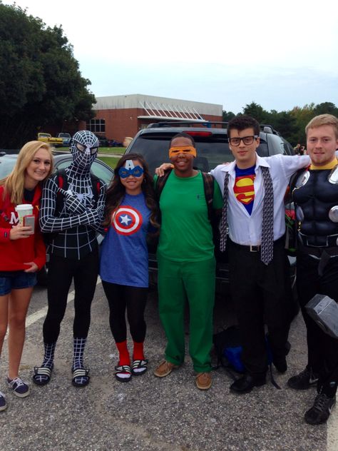 Super hero day❤️ #homecoming Superhero Or Villain Spirit Week, Hero Vs Villian Hoco Week, Superhero Day Ideas, Super Hero Day At School Outfits, Marvel Day Spirit Week, Marvel Monday Spirit Week, Superhero Day At School Outfits, Superhero Vs Villain Spirit Week, Superhero Homecoming Theme Outfits