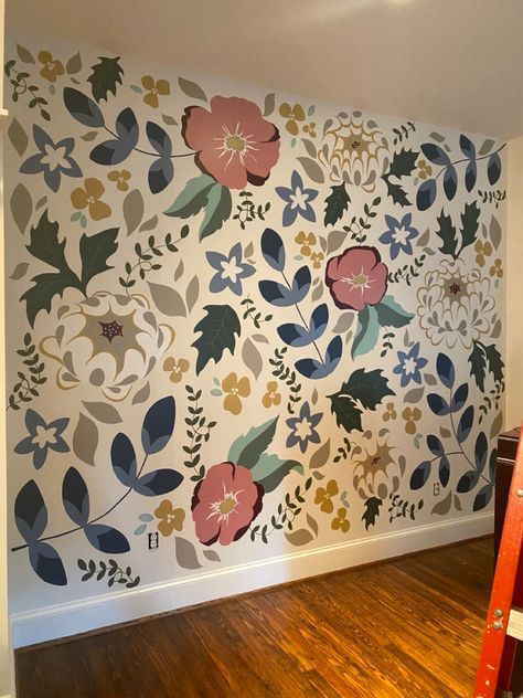 Long Wall Murals Painted, Hand Painted Accent Wall Diy Bedroom, Mural In Hallway, Hand Painted Floral Wall Mural, Hand Painted Mural Bathroom, Hand Painted Flower Wall Pattern, Hand Painted Accent Wall Floral, Paint Flowers On Wall, Flower Wall Murals Painted