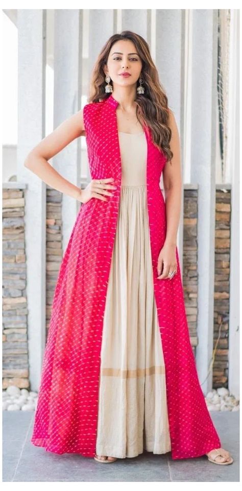 92af93f73faf3cefc129b6bc55a748a9desc44014339ri Rakul Preet Traditional Outfits, Dresses With Shrugs Outfit, Salwar With Jacket, Indo Western Outfits From Old Saree, Indian Gowns Dresses With Jacket, Jacket Kurti Designs, Shrug With Dress, Long Dresses Indian Style, Jacket Style Dresses Indian