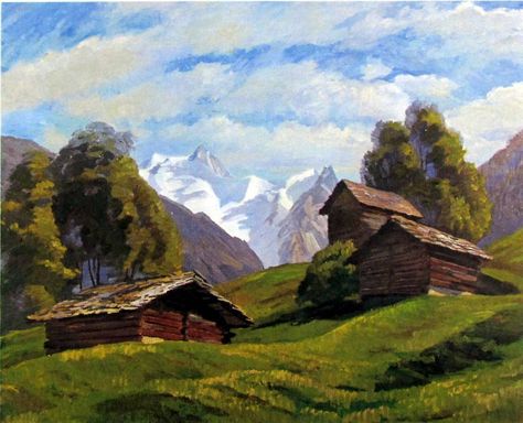 German Landscape Painting, Oil Paint Mountains, Hut Painting, Oil Painting Mountains, Field Paint, Countryside Paintings, Oil Painting Nature, Winter Landscape Painting, Mountain Drawing