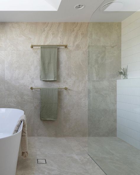 Mickey Mouse Bathrooms | A seamless look achieved at our Bellingen bathroom using @beaumont.tiles Pompeii travertine tiles on the floor and wall. 😍 📸… | Instagram Mickey Mouse Bathroom, Travertine Bathroom, Textured Tile, Travertine Tiles, Beaumont Tiles, Master Ensuite, Microfiber Mops, Travertine Tile, Tiles Texture