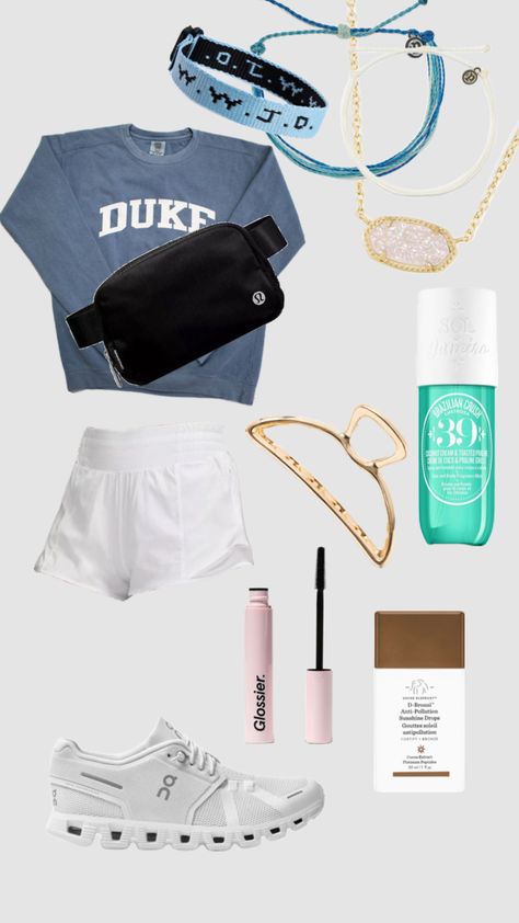 #collageinspo #puravidabraclets #wwjd #kendrascott #soldejaneiro #glossier #drunkelephant #oncloudshoes #lululemon Outfits With On Cloud Shoes, Shoes Preppy, On Cloud Shoes, Cloud Shoes, Sporty Aesthetic, Preppy Summer Outfits, First Day Of School Outfit, On Clouds, Preppy Summer