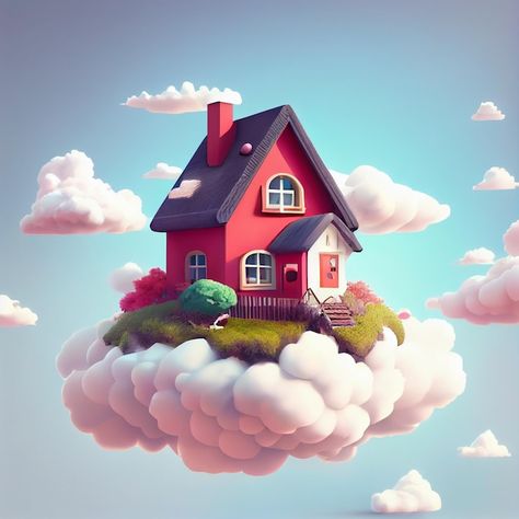 House 3d Illustration, House On Clouds, House Cartoon Illustrations, Dream House Illustration, House Design Illustration, Cute House Illustration, Blender Stylized, Real Estate Illustration, 3d Illustration Design