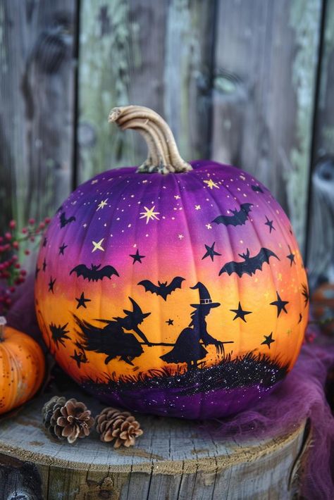 37 No-Carve Painted Pumpkin Ideas To Transform Your Fall Decor Carve And Paint Pumpkins, Paint Punkin Ideas Easy, Elphaba Pumpkin, Best Paint For Pumpkin Painting, Sunset Pumpkin Painting, Witch Painting Pumpkin, Draw On Pumpkin, Witchy Painted Pumpkin, Pumpkin Witch Painting